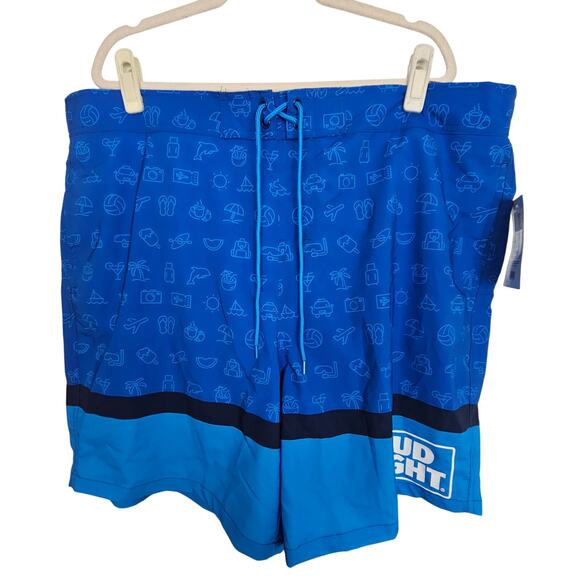 NEW Bud Light Swim Trunks Blue Swim Shorts All Over Print Men 2XL w Pockets - Picture 1 of 5